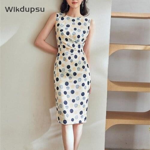 Women Office Dress Ladies Work Polka Dot Sleeveless Summer Classic O Neck Vintage Retro Elegant Casual Midi Pencil Dress Female