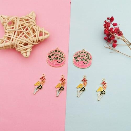 10pcs Letter " Happy " Birthday Cake Enamel Charms Alloy Pendants Jewelry Making Earring Bracelet Floating Golden Base DIY Gifts