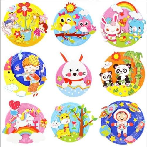 2Pcs/Set Paper Disc Painting Kindergarten Material Package Plate Sticker Painting Children Puzzle Creative Handmade Kids DIY