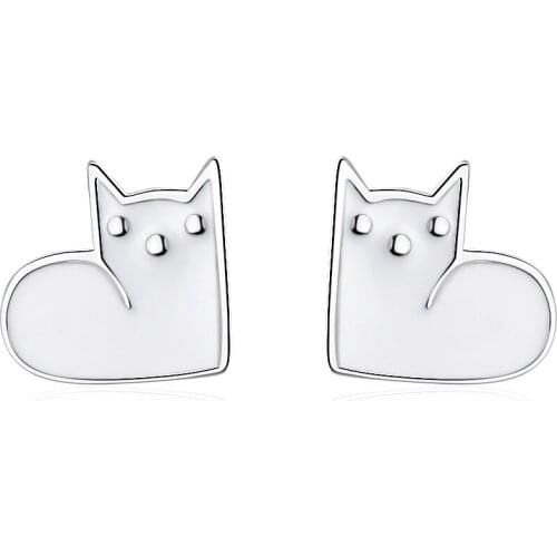 925 Sterling Silver Cute Cat Earrings White Black Enamel Kitty Piercing Ear Animal Stud Earrings for Women Girls Fine Jewelry/gd