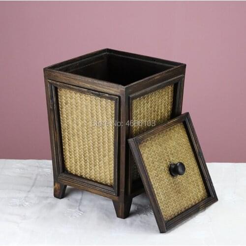 Thai Southeast Asia Solid Wood Waste Can Bin with Cover Retro Ancient Household Living Room Bamboo Receiving Bin with Cover