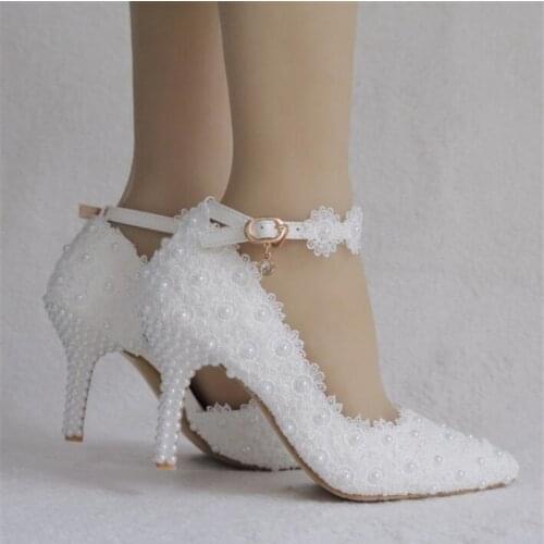 White lace heels wedding shoes bridal party shoes womens high heel shoes bridal shoes plus size 34-41