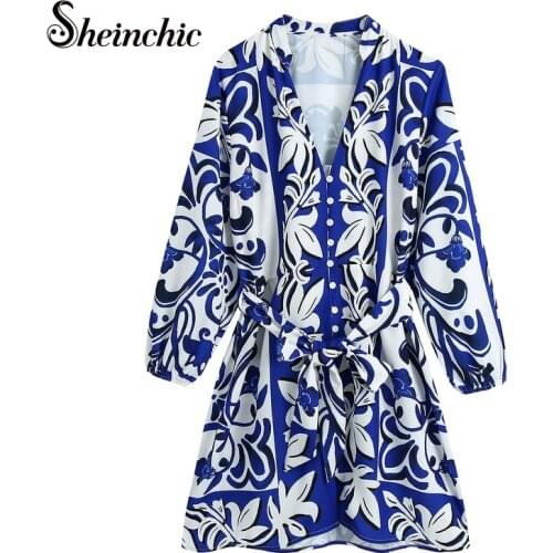 Bohemian Blue Floral Printed Dresses for Women 2021 Spring Autumn Boho Long Sleeve Shirt Dress Female