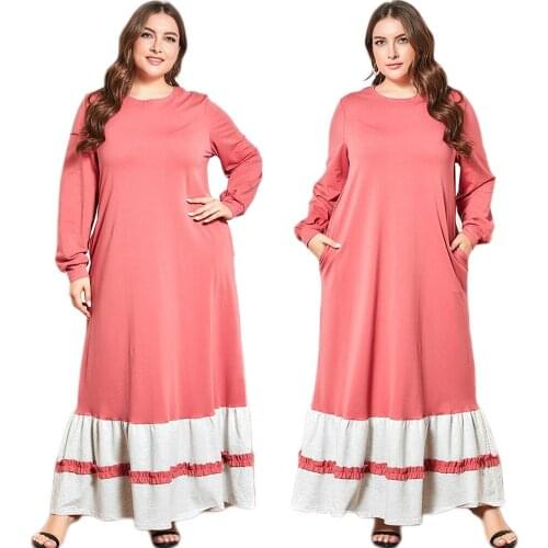 Muslim Women Long Dress Autumn Winter Color Block Abaya Arab Jilbab Turkish Long Sleeve Maxi Robe Gown Ramadan Islamic Casual