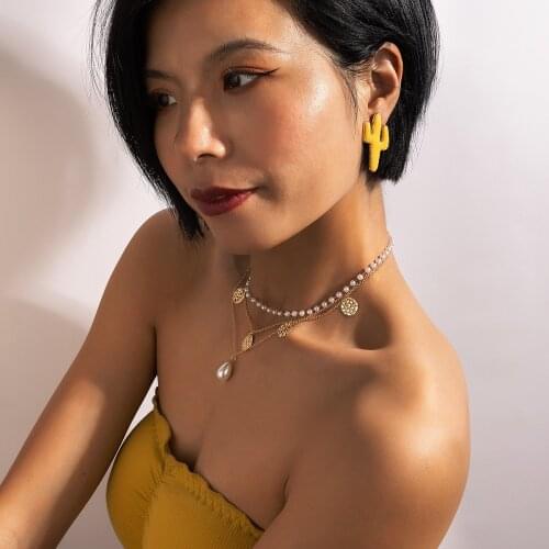 Docona Chic Pearl Crystal Cactus Dangle Drop Earrings for Women Girls Trendy Irregular Geometry Dripping Oil Party Jewelry 18391