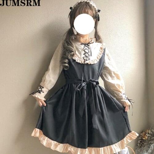 Kawaii Japanese Student Dress Women Harajuku Lolita Style Gothic Bandage Bow Patchwork Cute Girl Cosplay Dress Ruffles Dresses
