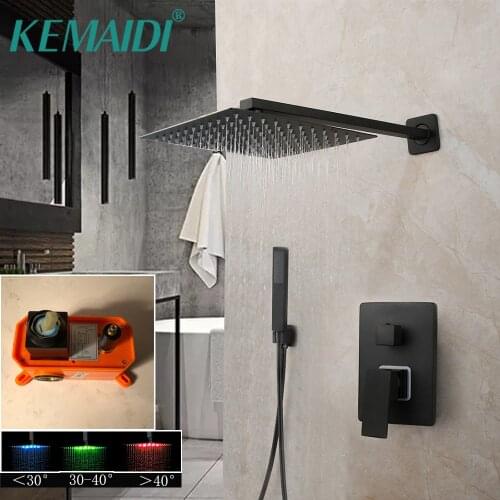 KEMAIDI Bathroom Shower Faucet Wall Mounted LED Shower Head Matte Black Mixer W/ Embedded Box Valve Rainfall Shower Set
