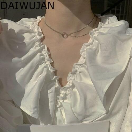 DAIWUJAN French 925 Sterling Silver Circle Choker Necklaces For Women Asymmetric Double Layers Slim Chain Necklace Party Jewelry
