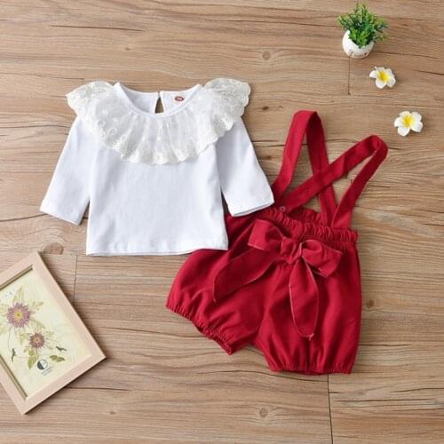Spring Baby Girls Clothes Set Long Sleeve Lace Collar White Tops+Red Suspender Shorts 2pcs Girl Outfits Party Childrens Sets