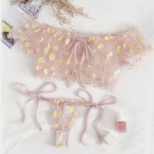 2021 Bra Set Wire Free Off-Shoulder Sexy Womens Underwear Small Chest Bralette+Thong Lace Swimsuits Beachwear Lingerie sets