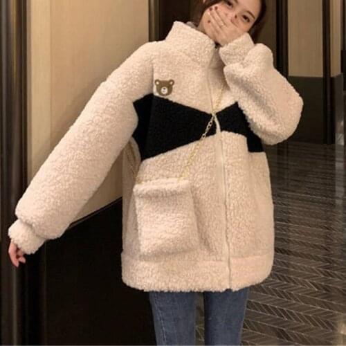 Hstar 2021 Autumn Winter Women Coat Korean New Oversized Loose Style Plush Imitation Lamb Wool Jacket Female casaco feminino