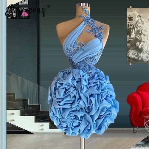 Sky Blue Ruffles Tiered Short Cocktail Dresses Lace Appliqued Sexy 3D Flower Mini Formal Party Dress 2021 Vestido de festa