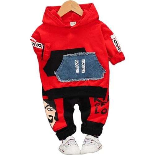 Fashion Set Baby Boys Autumn Kids Hooded Coats Pants 2pcs Outfit Children Jean Pocket Splice Suit Infant Casual Sports Clothes