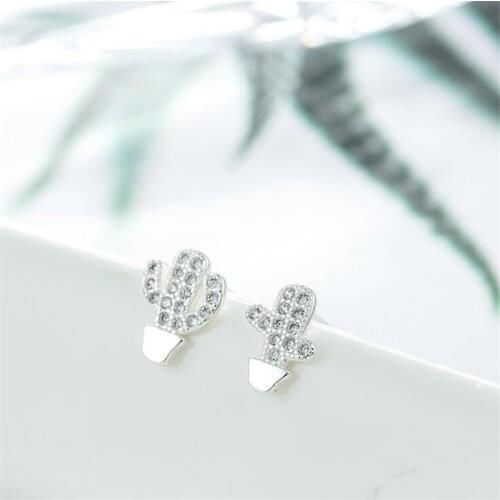 New Creative Fashion Asymmetric Potted Cactus 925 Sterling Silver Jewelry Temperament Irregular Crystal Gift Stud Earrings SE791
