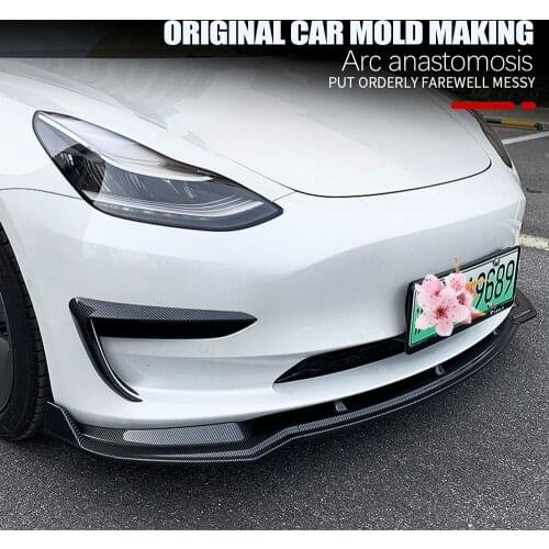 New 3Pcs Carbon Fiber Black Car Front Bumper Splitter Lip Body Kit Spoiler Diffuser Guard For 2017-2021 Tesla Model 3 Sedan