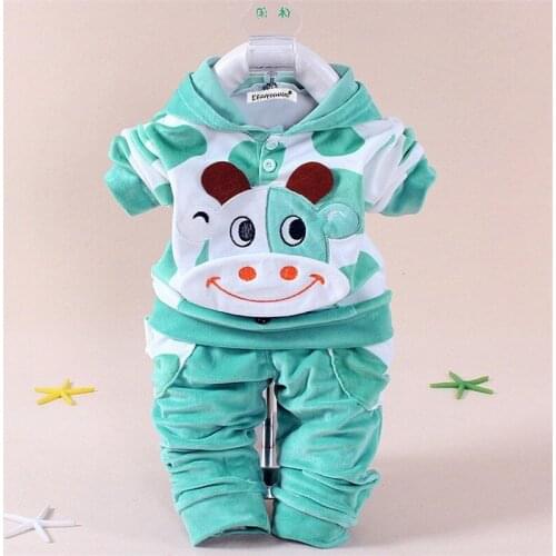 New spring and autumn baby suit velvet cartoon print hoodie + pants twins long-sleeved velvet baby clothing suit kids clothes