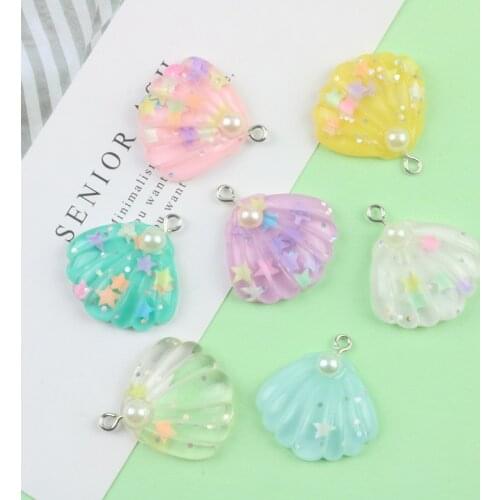 BULK 10 Glittery Resin Shell Charms with Faux Pearl Sea Themed Charms Glitter Star Shell Pendants for Decoden Craft Supplies RU3