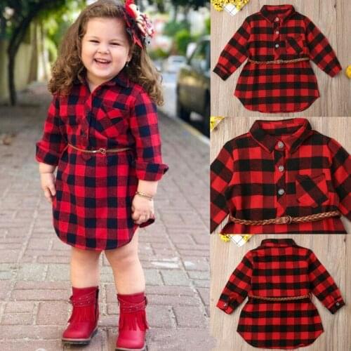 Christmas Baby Girl Dress Plaid Long Sleeve Mini Dress With Belt Toddler Girl Dresses Xmas Little Girls Princess Party Dresses