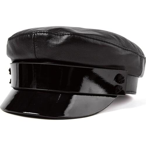 LA SPEZIA Women Leather Sailor Cap Black Cotton Military Hats Female Autumn Fashion Hat Army Lady Luxury Designer Baker Boy Caps