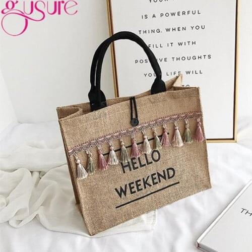 Gusure Leisure Letter Print Women Handbags National Style Tassel Female Bag Linen Casual Totes Big Capacity Pack Shoulder Bags
