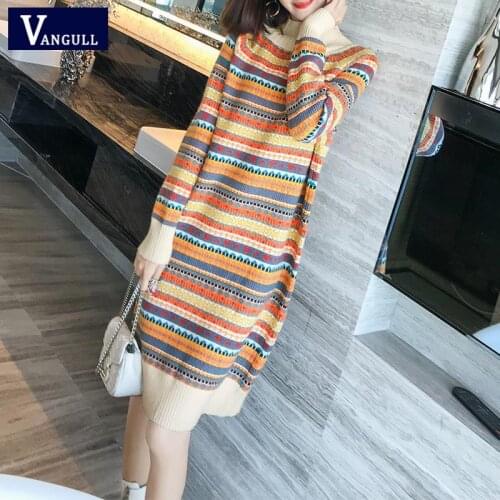 Vangull Winter knitted Print Women Sweater Dress Fashion Striped Turtleneck Dress 2020 Autumn New Long Sweater Dress for female