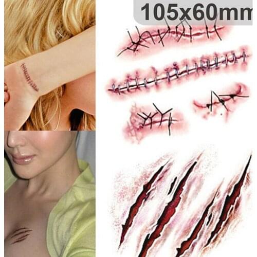 1 Pcs Halloween 3D Zombie Scars Tattoo With Fake Scar Blood Sticker Costume Makeup Waterproof Fresh Temporary Stickers 10.5*6cm