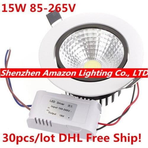 Top Quality! 15W Recessed LED Downlight COB LED Ceiling Lamp Bathroom Down Lighting Lamp 85-265V DHL Free 30pcs