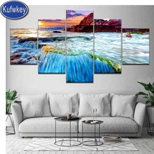 Sea sunset seascape 5 Piece diamond painting full drill square diy painting diamond embroidery waterfall scene decoration maison