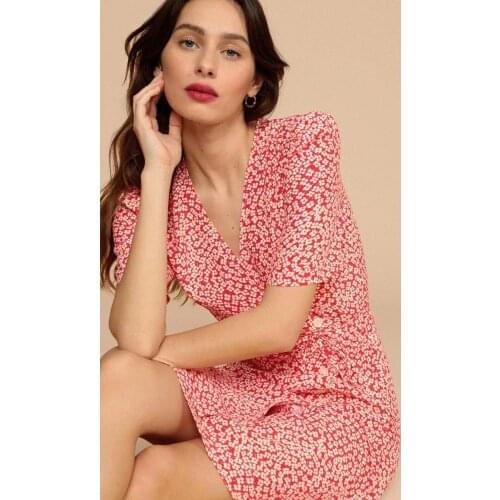 Women Dresses Summer V-Neck Mini Half Sleeve Floral Prairie Chic Lace Elegant High Street Fashion Top RO