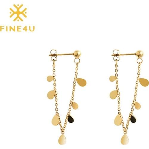 FINE4U E298 Stainless Steel Water Drop Long Tassel Stud Earrings for Women Birthday Anniversary Mothers Day Gift