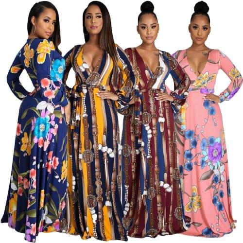 Women Boho Wrap Long Dress Printing V-neck Women Dresses Full Sleeve High Waist Lace-up Straight Dresses Cocktail Party Vestidos