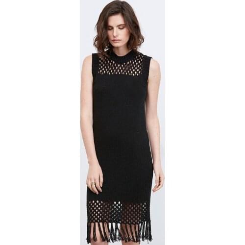 2021 Black Crochet Tunic Sexy Hollow Out O-neck Sleeveless Fringed Women Summer Midi Dress Beach Wear Swim Suit Cover Up Q1322
