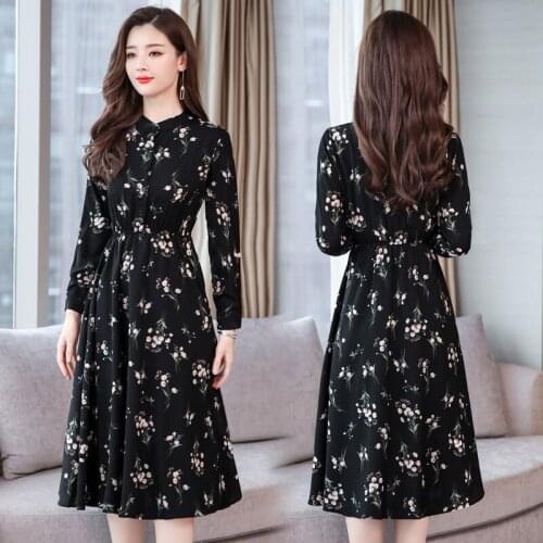 Floral Chiffon Midi Dress Women 2019 Autumn Winter Black Vintage Plus Size S-3XL Boho Dresses Elegant Party Long Sleeve Dress
