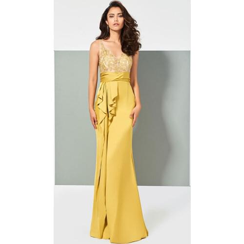 Tanpell Yellow Evening Dress V-Neck Appliques Ruffles Women Floor Length Party Gown Sheath Evening Dress