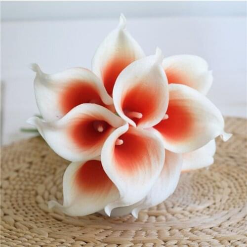 10 Coral Picasso Calla Lilies Real Touch Flowers DIY Wedding Bouquets Coral Silk Bridal Bouquets Wedding Decorations