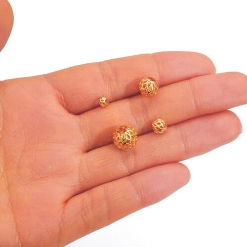 18K Plated Plated 5-10Pcs 4 6 8 10mm Hollow Round Flower Pattern Copper Spacer Metal Beads For Jewelry Making Handmade DIY Craft