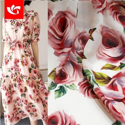 200cmx150cm Butterfly Rose Printed Floral Chiffon Fabric Georgette Fabric Tulle for Dress,Shirt Cloth Pink Blue by the meter