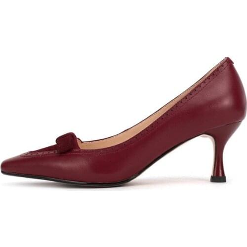 Osunlina Brand Dress Pumps Woman Suqare Toe Wine Red High Thin Heels Pumps Butterfly Knot Genuine Leather Handmade Shoes Lady