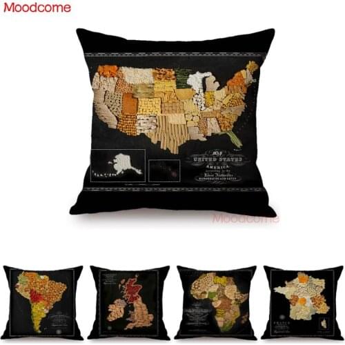 Africa Map Black Foods Diagram Maps France USA Nordic Home Decoration Sofa Pillow Cover Cotton Linen Chair Seat Cushion Cover