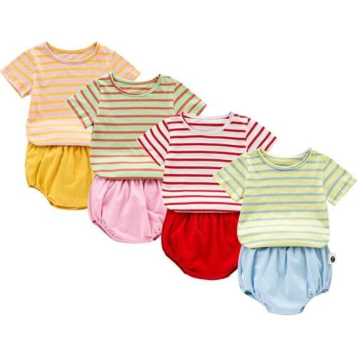 Infant Newborn Baby Girls Summer Striped Clothes Sets Short Sleeve T-shirt Top + Solid Shorts 2PCS Cotton Outfits