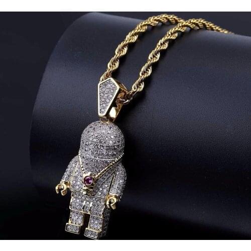 Micro Paved CZ Rhinestone Bling Ice Out Space Astronaut Pendants Necklaces for Men Hip Hop Rapper Jewelry