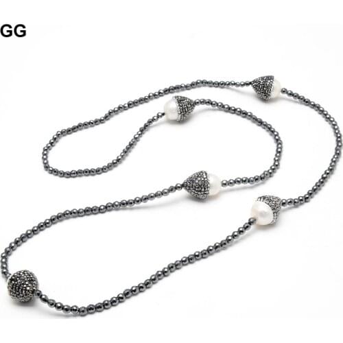 GuaiGuai Jewelry 34" Black Hematite Natural White Keshi Pearl CZ Paved Long Necklace Sweater Chain Necklace For Women