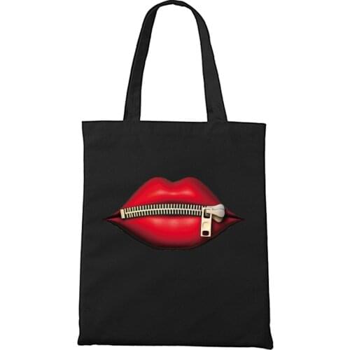 Women Canvas Shoulder Bag Red Lips With Zipper Print Simple Handbag Tote Large Capacity Shopping Bag Cute Black Bags For Girls