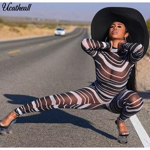 Club Wear Mesh Transparent Jumpsuit Sexy Womens Back Zipper Striped Long Sleeve Overalls Party Fashion Rompers New