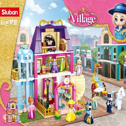 Constructor Model Princess Town Castle Park Girl Play House Pizza Cake Fashion Tram Children Building Block Toy Gift 0876