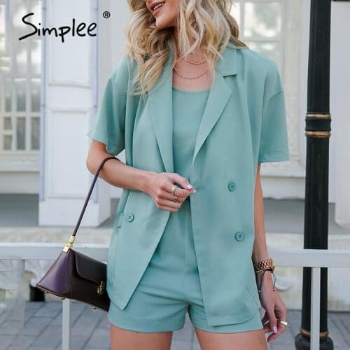Simplee Casual office lady lake blue three pieces women sets spring double breasted short sleeve blazer suits female Elegant set