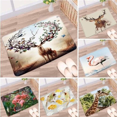 Wild Animal Bath Mat Cartoon Elk Giraffe Flamingo Flower Fruit Deer Non-slip Rug Flannel Bathroom Kitchen Entrance Aisle Carpet