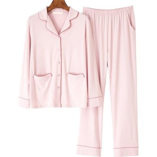 Couple pajamas spring and autumn pure cotton loose and soft contrast color lapel long-sleeved trousers fashion simple home servi