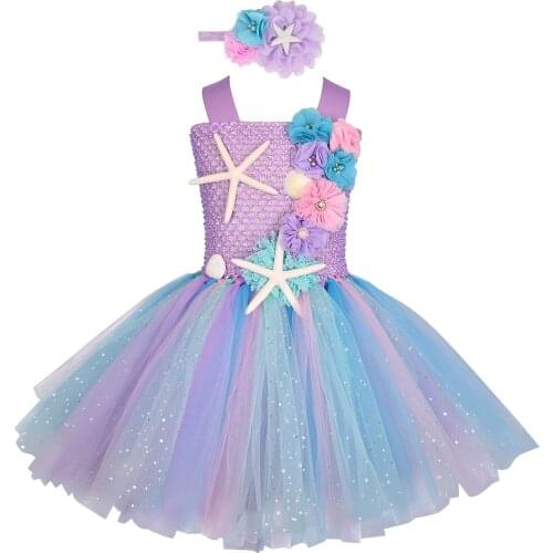 Girls Pastel Mermaid Tutu Dress Under the Sea Theme Birthday Party Costume with Flower Headband Ocean Flower Dresses 1-12Y