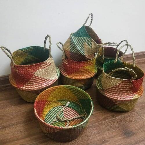 Seagrail Hand-woven Basket Straw Plait Sitting Room Fold Big Belly Flower Basket Clothing Sundry Flowerpot Receives Basket